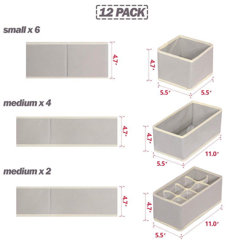 TENABORT Set of 12 Foldable Drawer Organizer Dividers Cloth Storage Box Closet Dresser Organizer Cube Fabric Containers Basket Bins for Underwear Bras Socks Panties Lingeries Nursery Baby Clothes Grey NN246 - Image 2